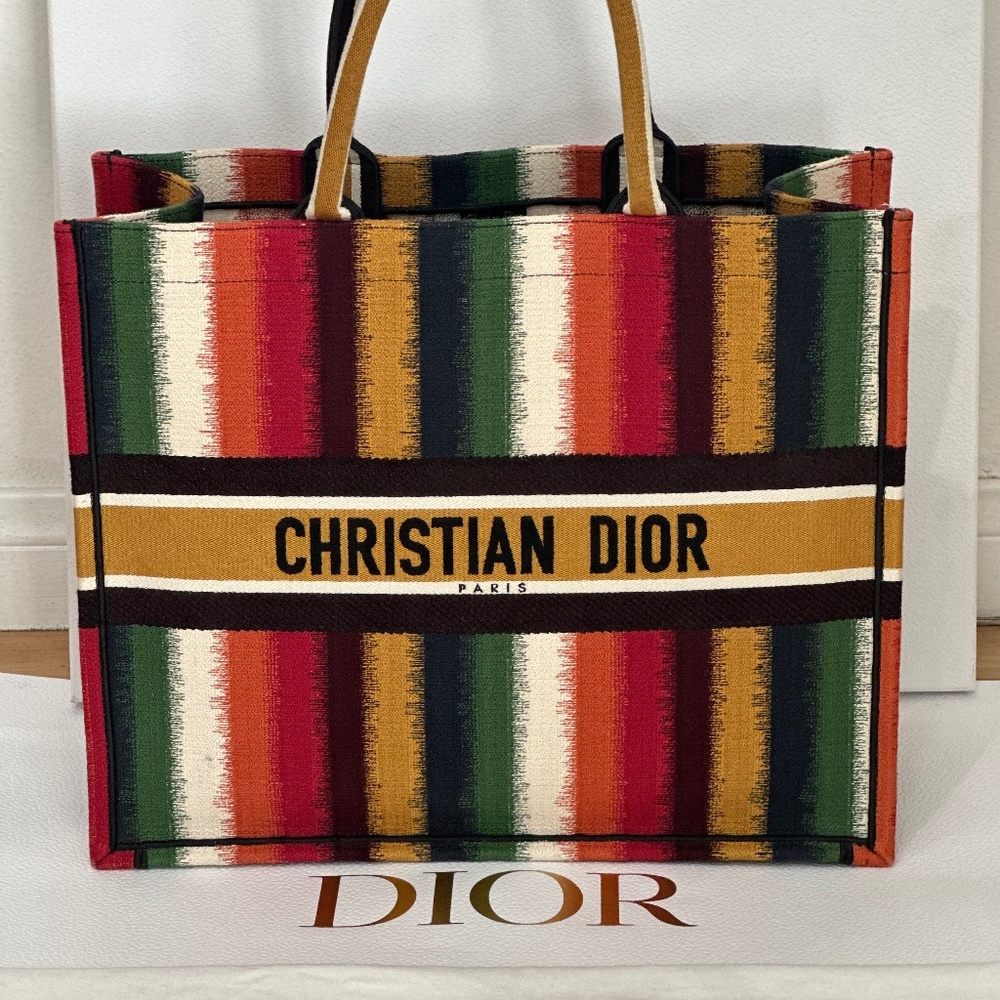 Dior Multicolor D-Striped Embroidered Canvas Large Book Tote
